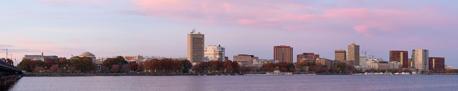 Massachusetts: Four-segment panorama of Cambridge skyline, from Harvard Bridge, Boston, Massachusetts.